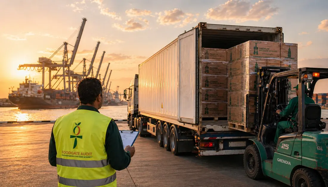 Port egyptien au couchant, inspecteur FoodGate Audit devant un conteneur de produits frais en cours de chargement